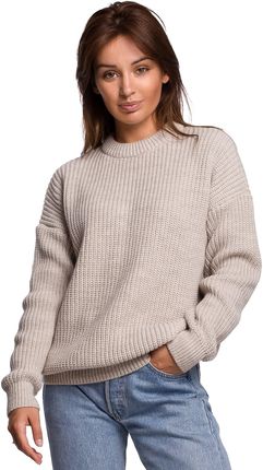 BK052 Długi sweter w prążek - beżowy (kolor beż, rozmiar L/XL)