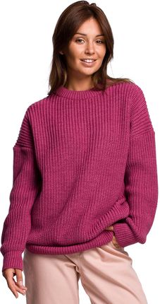 BK052 Długi sweter w prążek - wrzosowy (kolor wrzos, rozmiar L/XL)