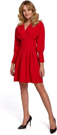 K087 Sukienka z rozkloszowanymi zakładkami - czerwona (kolor czerwony, rozmiar S)