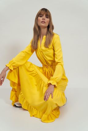 Długa żółta sukienka z falbanką - S178 (kolor żółty, rozmiar 36)