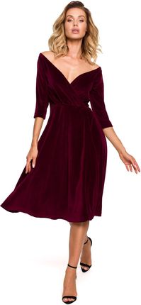 M645 Welurowa sukienka z dekoltem na ramionach - bordowa (kolor bordo, rozmiar S)