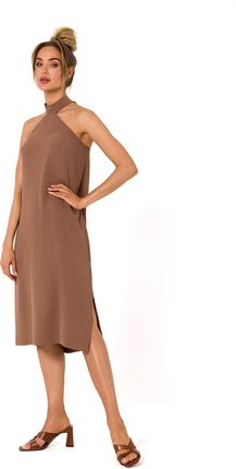 M736 Sukienka z wiązaniem na szyi - czekoladowa (kolor brąz, rozmiar S)