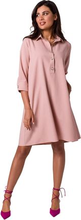 B257 Sukienka koszulowa z poszerzonym dołem - różowa (kolor róż, rozmiar M)