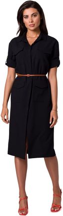 B258 Sukienka szmizjerka z kieszeniami i paskiem - czarna (kolor czarny, rozmiar L)
