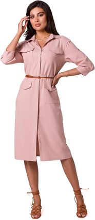 B258 Sukienka szmizjerka z kieszeniami i paskiem - różowa (kolor róż, rozmiar M)
