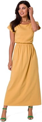 B264 Sukienka maxi z dekoltem i elastyczną talią - miodowa (kolor miodowy, rozmiar S)
