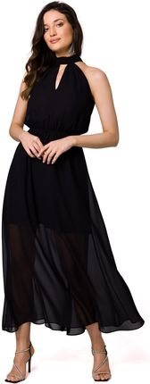 K169 Sukienka szyfonowa maxi wiązana wokół szyi - czarna (kolor czarny, rozmiar M)
