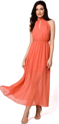 K169 Sukienka szyfonowa maxi wiązana wokół szyi - pomarańczowa (kolor pomarańcz, rozmiar L)