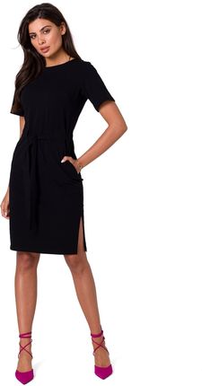 B263 Sukienka bawełniana z naszytymi kieszeniami - czarna (kolor czarny, rozmiar L)