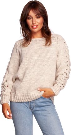BK090 Sweter z szerokim dekoltem i warkoczem na rękawach - beżowy (kolor beżowy, rozmiar L/XL)