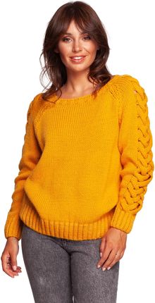 BK090 Sweter z szerokim dekoltem i warkoczem na rękawach - miodowy (kolor miodowy, rozmiar L/XL)