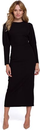 K079 Sukienka midi z wysokimi mankietami - czarna (kolor czarny, rozmiar XXL)