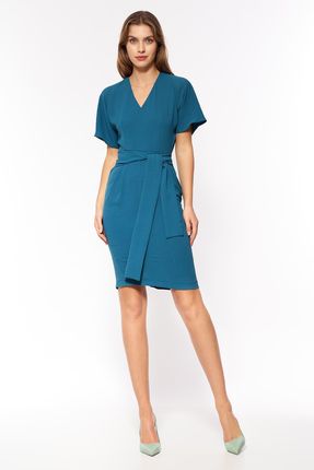 Lazurowa elegancka sukienka z wiązaniem w pasie - S204 (kolor lazur, rozmiar 44)