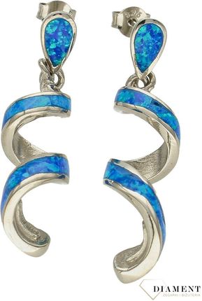 Srebrne kolczyki damskie wiszące spiralki z niebieskim opalem