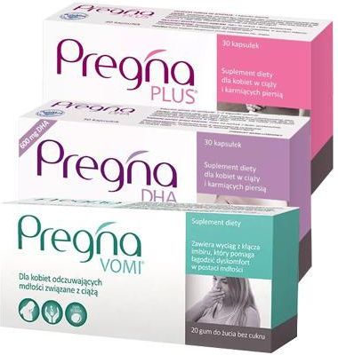 PREGNA DHA - 30 kaps. - rozwój mózgu dziecka + PREGNA PLUS - 30 kaps. Dla kobiet w ciąży oraz karmiących piersią. + PREGNA VOMI - 20 szt. 