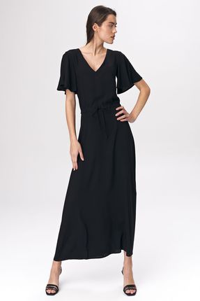 Czarna sukienka maxi z rozkloszowanym rękawem - S137 (kolor czarny, rozmiar 34)