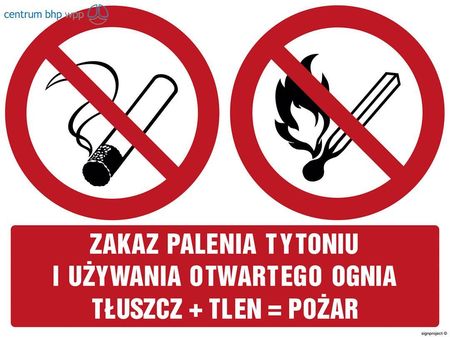 Gm032 Zakaz Palenia Tytoniu I Używania Otwartego Ognia Tłuszcz + Tlen = Pożar, Ps - Płyta Pcv 1Mm Fotoluminescencyjna (100X75Mm)