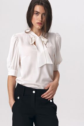 Elegancka bluzka ecru z wiązaniem na dekolcie - B107 (kolor ecru, rozmiar 38)
