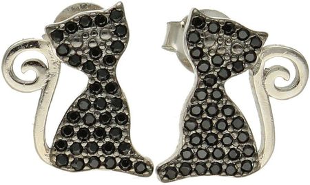Diament Kolczyki srebrne damskie na sztyft kotki z czarną cyrkonią