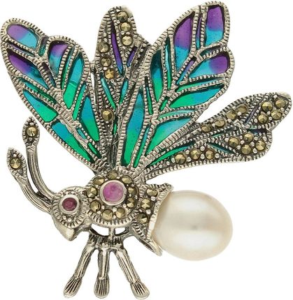 Diament Srebrna broszka damska kolorowy motyl z perłą i markazytami
