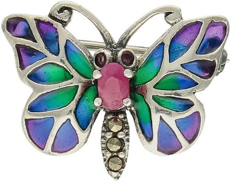 Diament Srebrna broszka damska motyl z kamieniem naturalnym i emalią w niebiesko-zielonym odcieniu