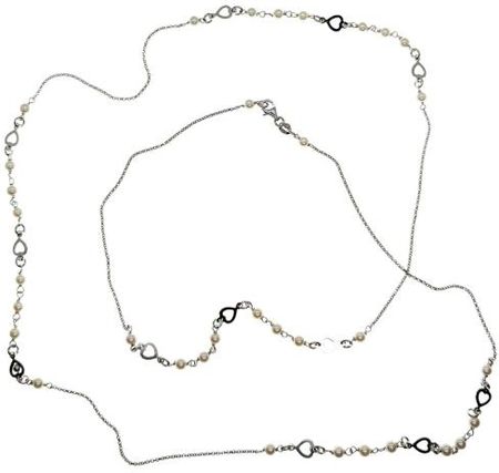Goldengun Naszyjnik srebrny z ażurowymi serduszkami i perełkami, bardzo długi 925