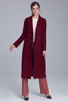 Elegancki bordowy płaszcz dwurzędowy - PL06 (kolor bordo, rozmiar 44)