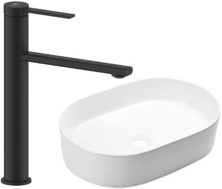 Zestaw biała umywalka Doesna z czarną baterią Pinar + korek click-clack gratis