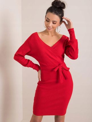 Czerwona sukienka kopertowa wiązana prążkowana M