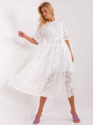 Biała midi sukienka z falbaną i paskiem M/L