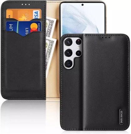 Dux Ducis Hivo Leather Flip Cover Portefeuille en cuir véritable pour cartes et documents Samsung Galaxy S22 Ultra Noir