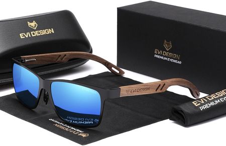 Okulary przeciwsłoneczne Polaryzacyjne NERDY drewniane UV400 zestaw XXL z etui - niebieskie lustrzanki