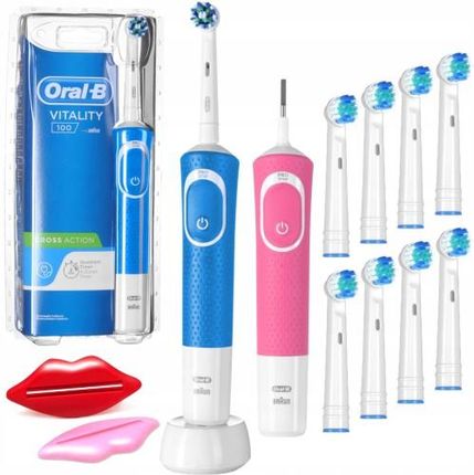 Szczoteczka Elektryczna Oral-B Vitality 100 Niebieska + Różowa (Sama Rączka) + 8 końcówek (zamienników) + 2 wyciskacze do past