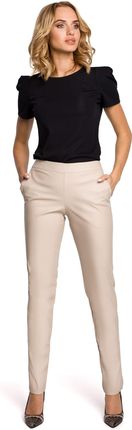 M144 Eleganckie spodnie rurki z eko-skóry - beżowe (kolor beżowy, rozmiar S)
