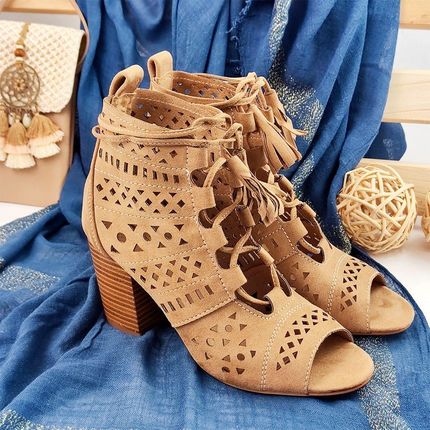 Ażurowe wiązane botki boho Beżowy 40 - zdjęcie 3