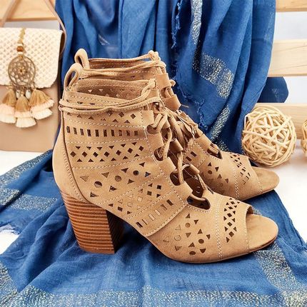 Ażurowe wiązane botki boho Beżowy 40 - zdjęcie 2