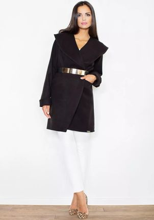 Flauszowy płaszcz damski z ozdobnym paskiem (Czarny, M)