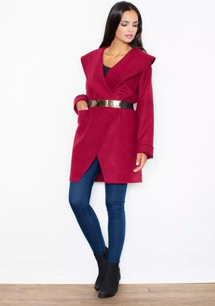 Flauszowy płaszcz damski z ozdobnym paskiem (Bordowy, XL)