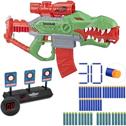 Nerf Dinosquad Rex-Rampage F0807 + Elektroniczna Tarcza 3 Cele 30 Strzałek Waffle