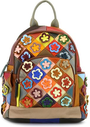 Damski skórzany plecak w kolorową mozaikę i kwiaty
