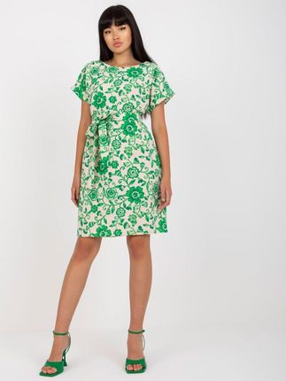 Sukienka lniana beżowo-zielona z wiązaniem S/M