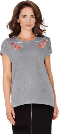 Elegancka bluzka damska z haftem kwitowym, krótki rekaw  (Melanż siwy, S/38)