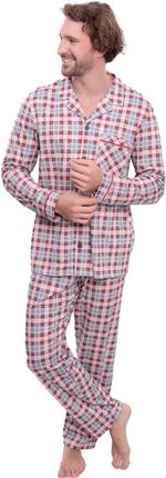 Piżama męska  rozpinana,krata,długi rękaw i spodnie  (Czerwień wiśniowa, XL)
