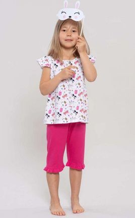 Piżamka dziewczeca, wzór unikatowy,krótki rękaw ,spodnie3/4 (Ciemny amarant, 98)