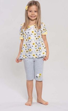 Piżamka dziewczeca, kwiatuszki,krótki rękaw ,spodnie3/4  (Żółty słomkowy, 98)