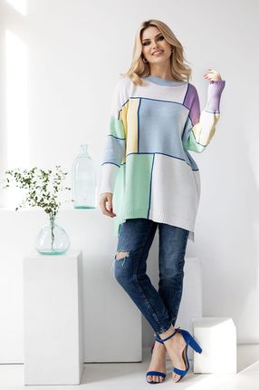 Długi kolorowy sweter damski (Ecru, Uniwersalny)