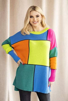 Długi kolorowy sweter damski (Niebieski, Uniwersalny)