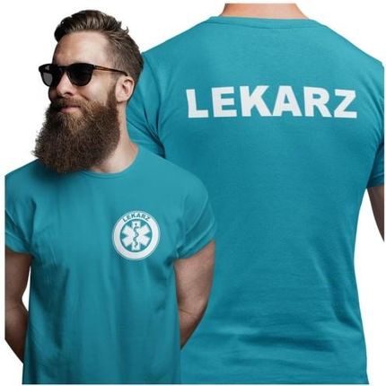 Koszulka męska medyczna dla lekarza z logo i napisem lekarz na plecach kolor turkus