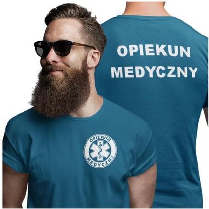 Koszulka męska medyczna dla OPIEKUN MEDYCZNY z logo i napisem OPIEKUN MEDYCZNY na plecach kolor PETROL