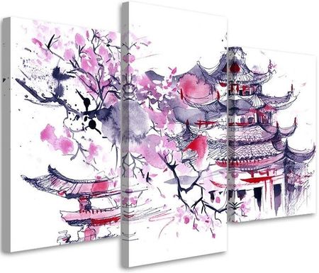 Feeby Obraz Tryptyk Na Płótnie Malowana Japońska Pagoda I Kwiat Wiśni 90X60 829522